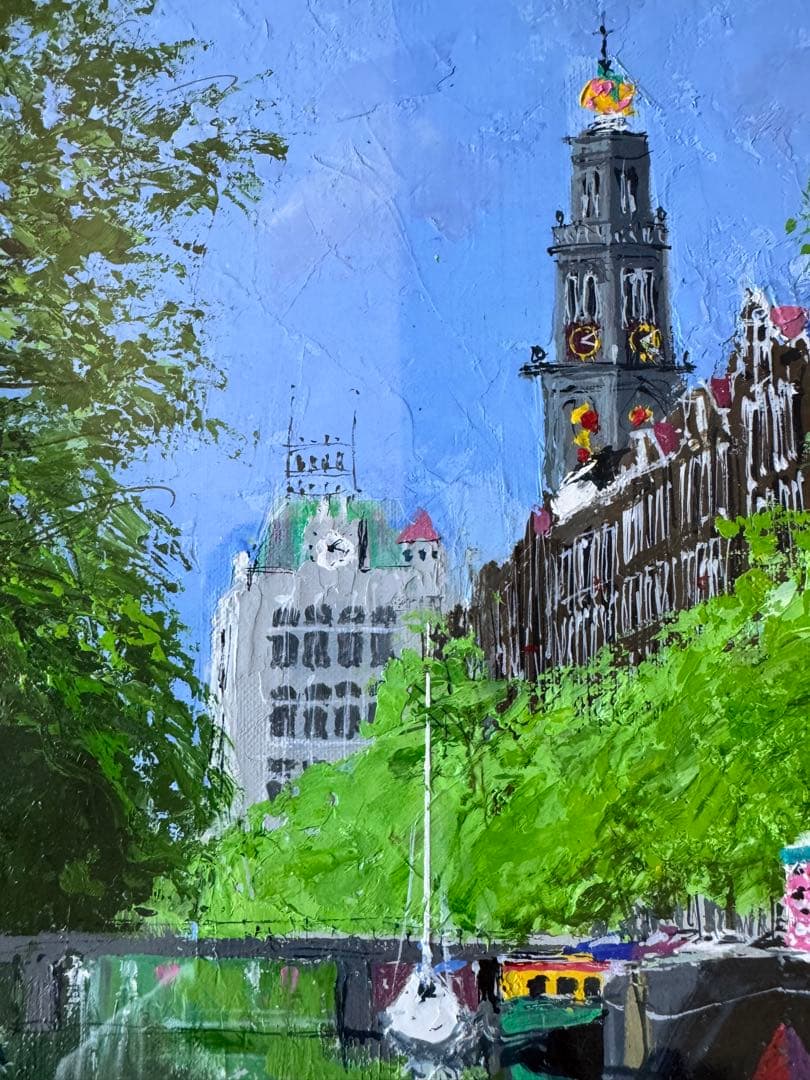 真作　小田切訓「塔のある運河」キャンバスに油彩 F4号　額装・タトウ箱・黄袋付き