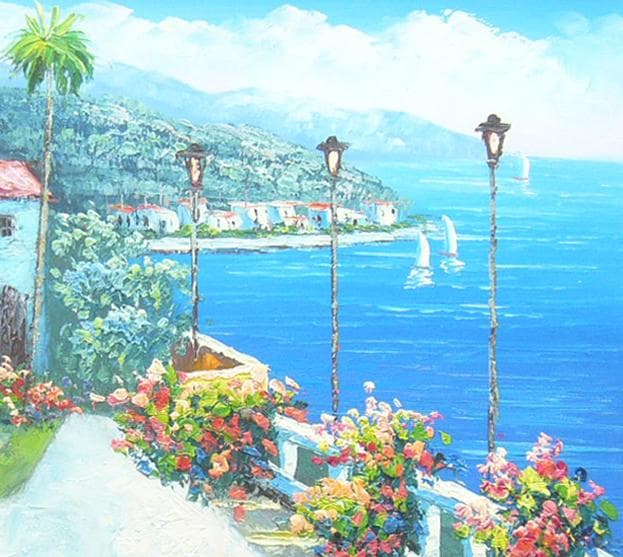 絵画 油絵 肉筆油絵 風景画 白壁の道