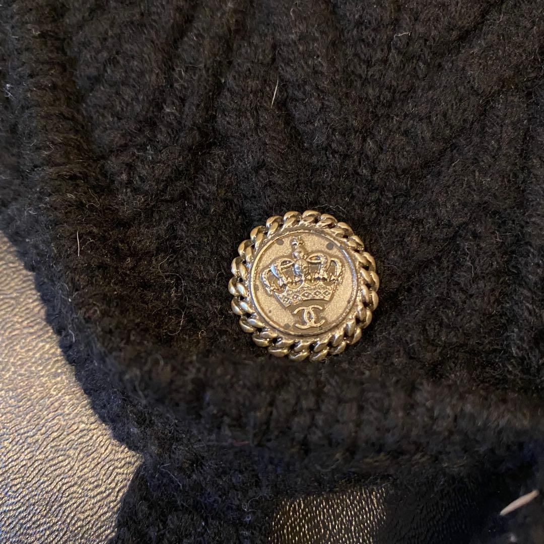 CHANEL 黒 ニット帽 ボタン ビーニー キャップ ビジュー ラインストーン