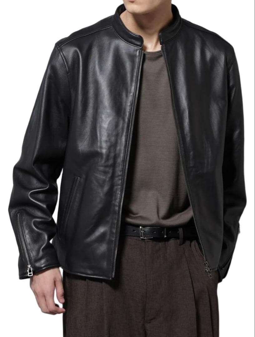 [ナノ・ユニバース] バンドカラー レザー シングル ライダースジャケット