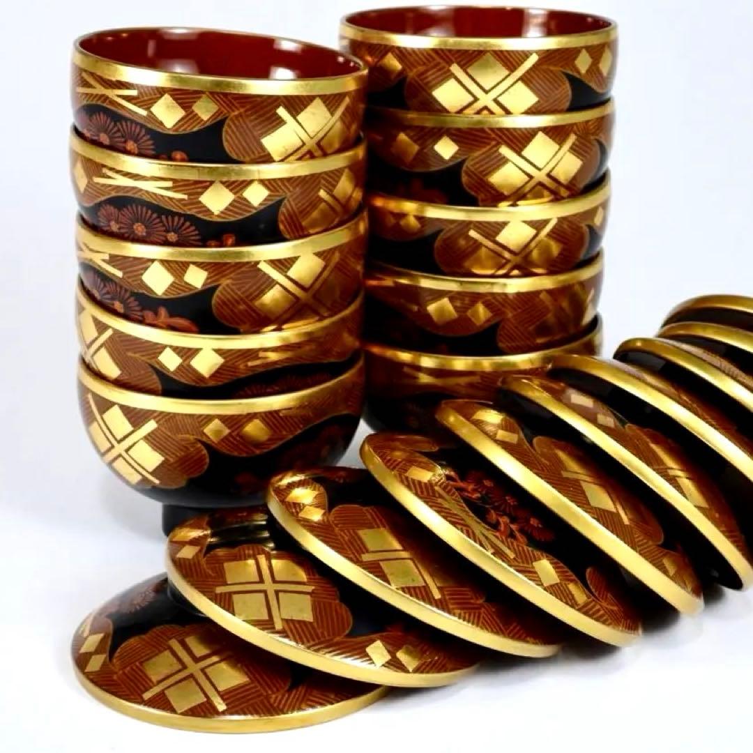 南部漆器 老舗光原社 秀衡塗 木製 金箔色漆　菱に梅文様　蓋碗十客　茶道具