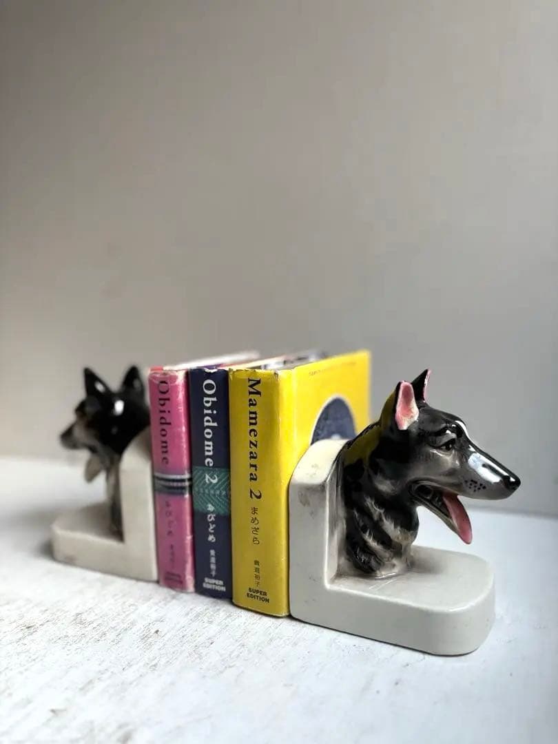 773 アンティーク 犬のブックエンド陶器製 シェパード記念品 希少