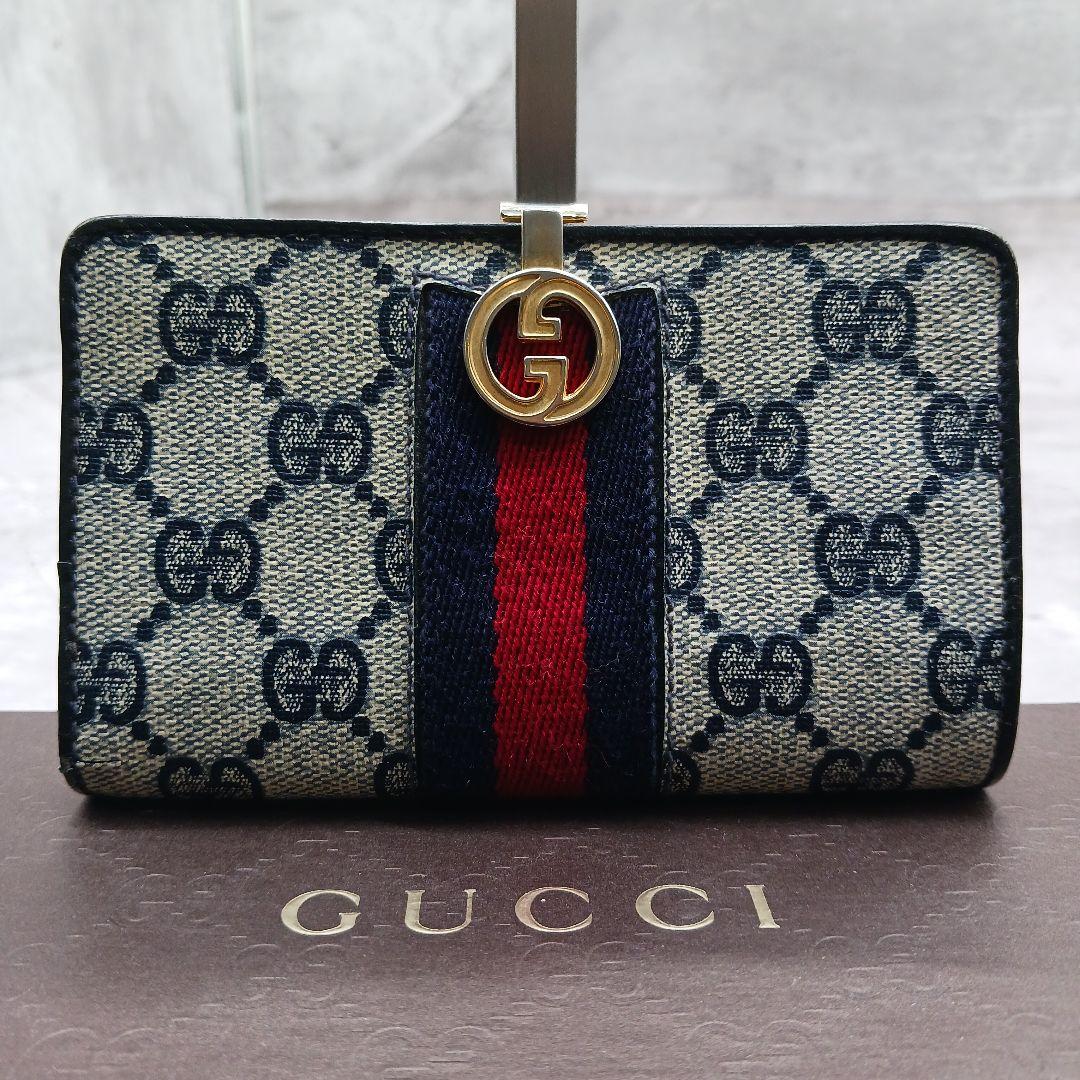 ✨美品✨ オールド グッチ 二つ折り 財布 シェリーライン がま口 黒 GG柄