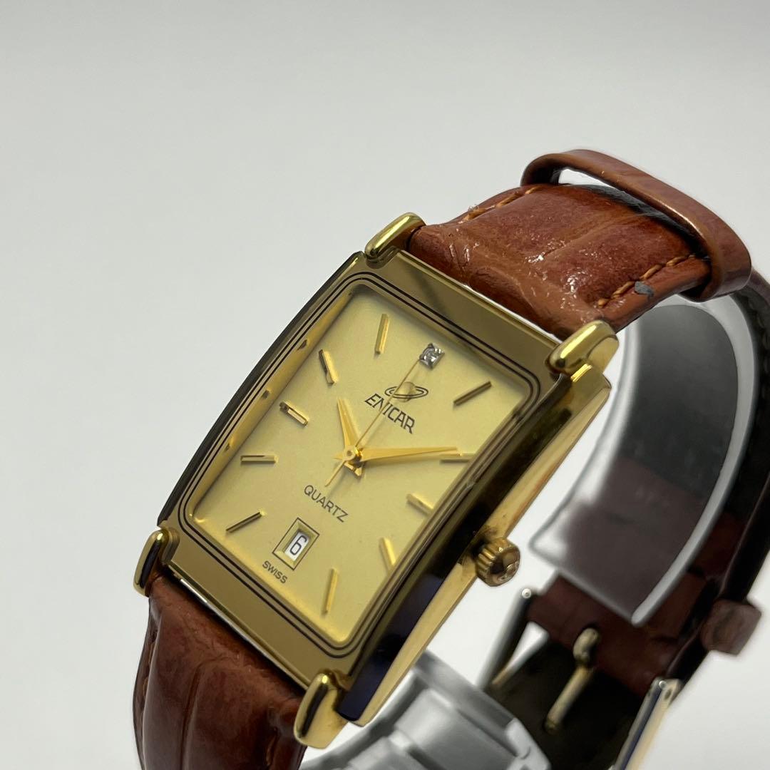 【美品・新品電池】石付き ENICAR エニカ 腕時計 スクエア 90年代モデル