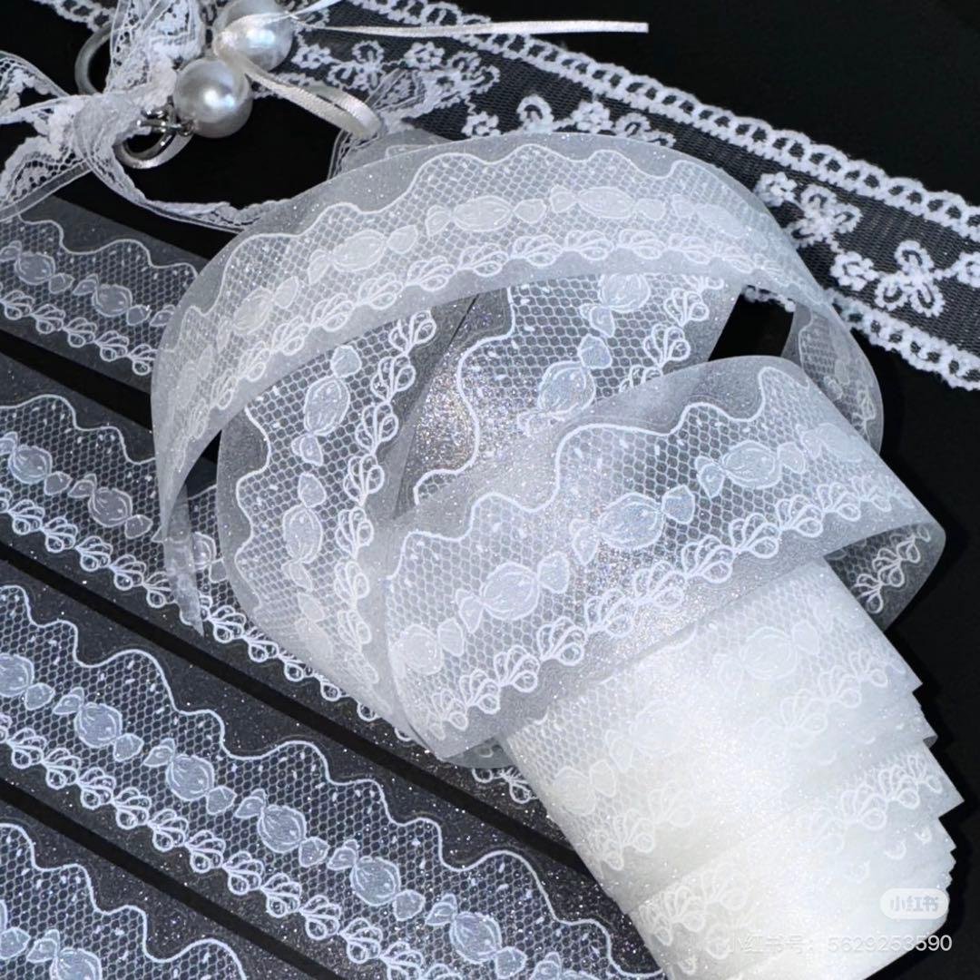 【9355】海外5m巻ラメ加工カッティングマスキングテープ　クリームレース装飾系