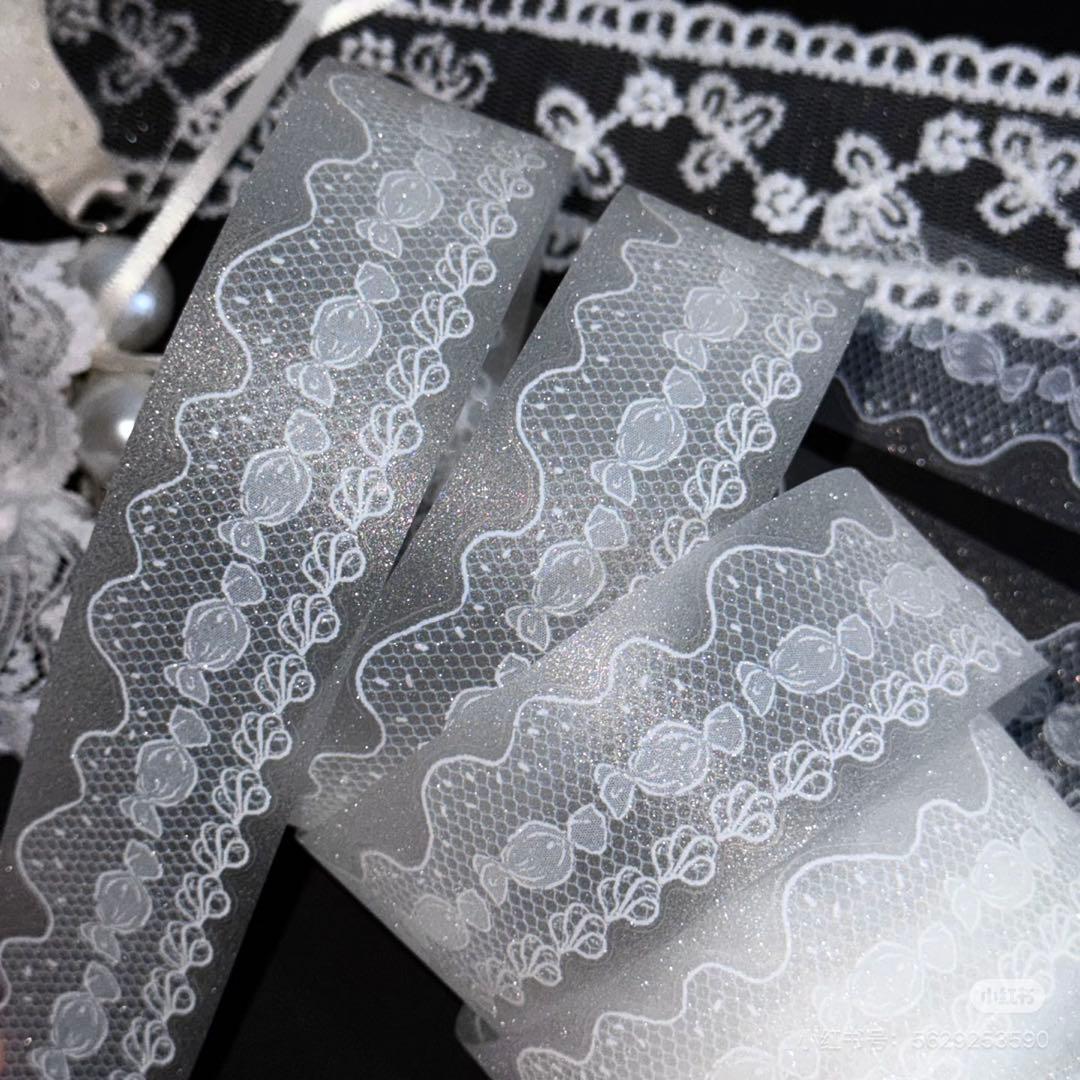 【9355】海外5m巻ラメ加工カッティングマスキングテープ　クリームレース装飾系