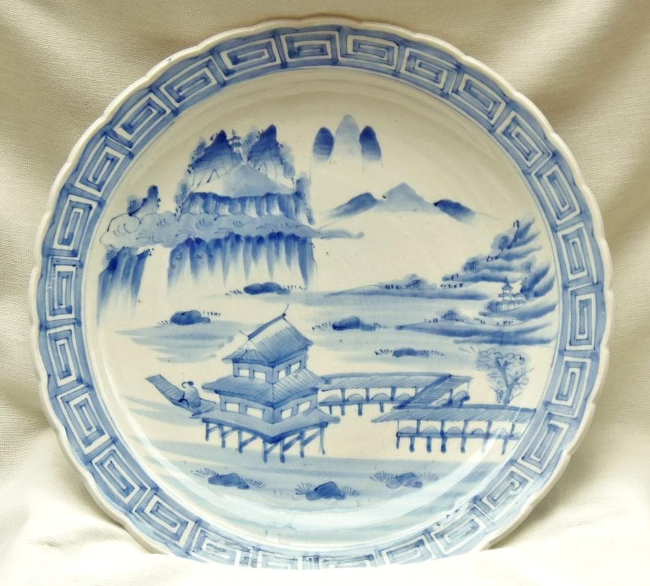 474mm 古伊万里 骨董品 風景画 陶器の皿 飾り皿 装飾皿 床飾り 伊万里焼