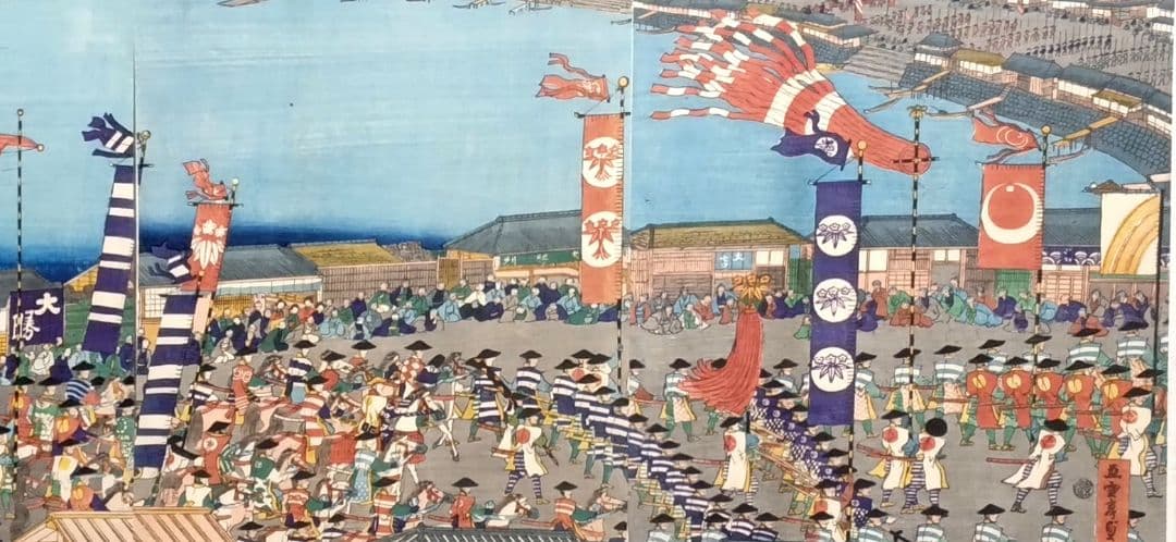 浮世絵版画、頼朝公行列圖三枚綴り、歌川貞秀画、慶応元年5月出版