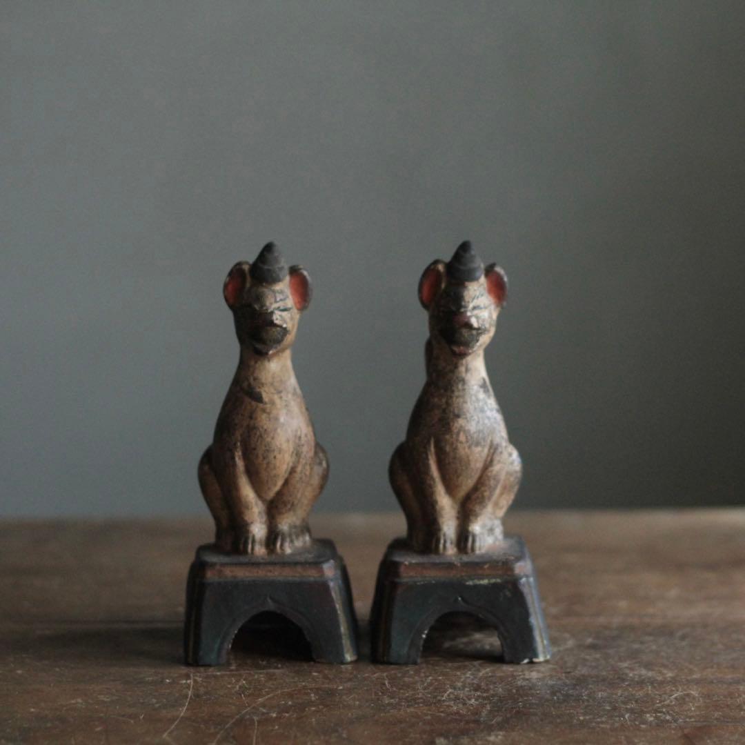 古い 土人形 お稲荷さん 一対 民芸 古道具 アンティーク オブジェ 御狐様