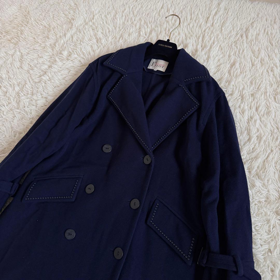 美品　XL相当　クリスチャンディオール　チェスターコート　ビジュー　ステッチ　紺