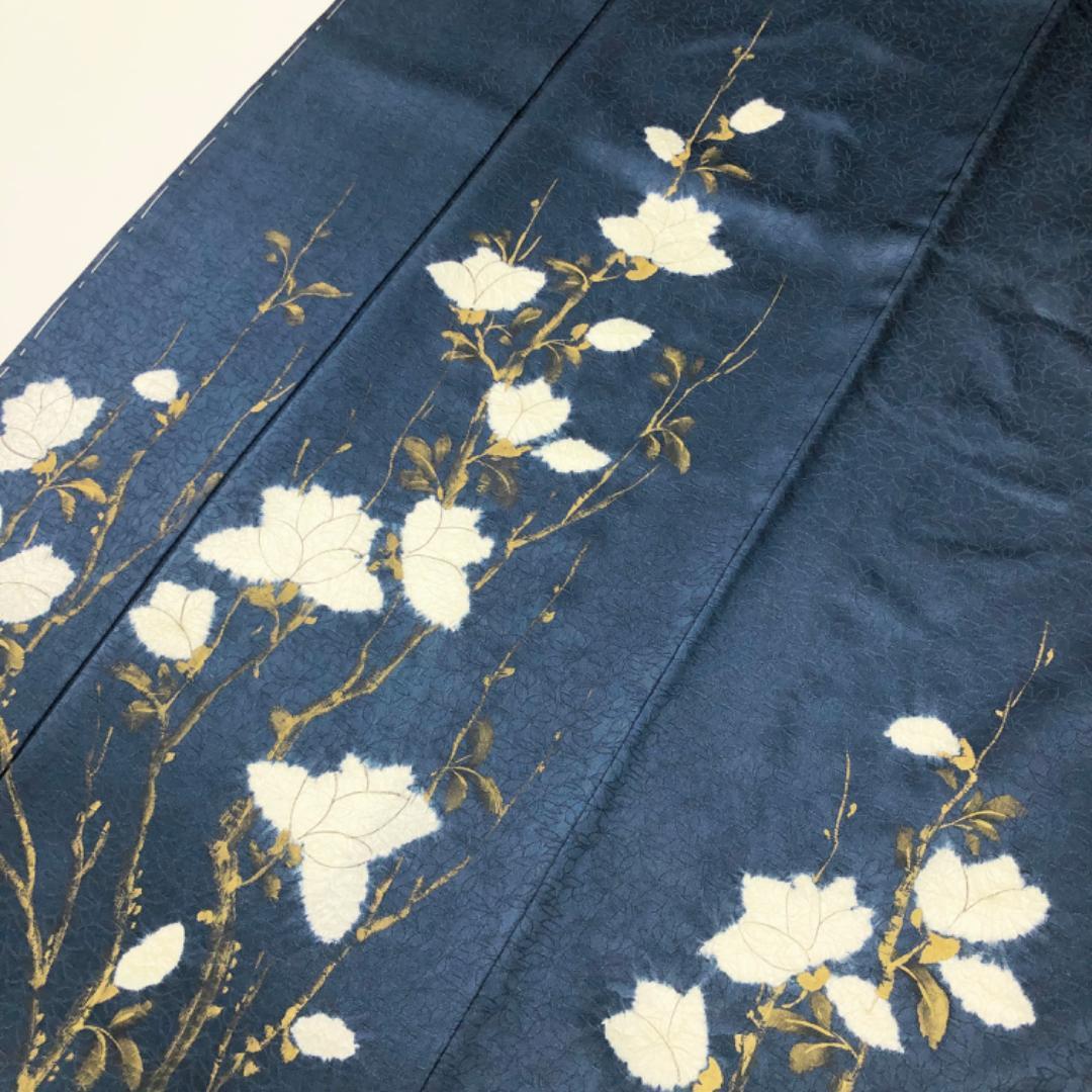 付下げ 白い花模様 絞り 手描き 伯林青色 しつけ糸 K-5046