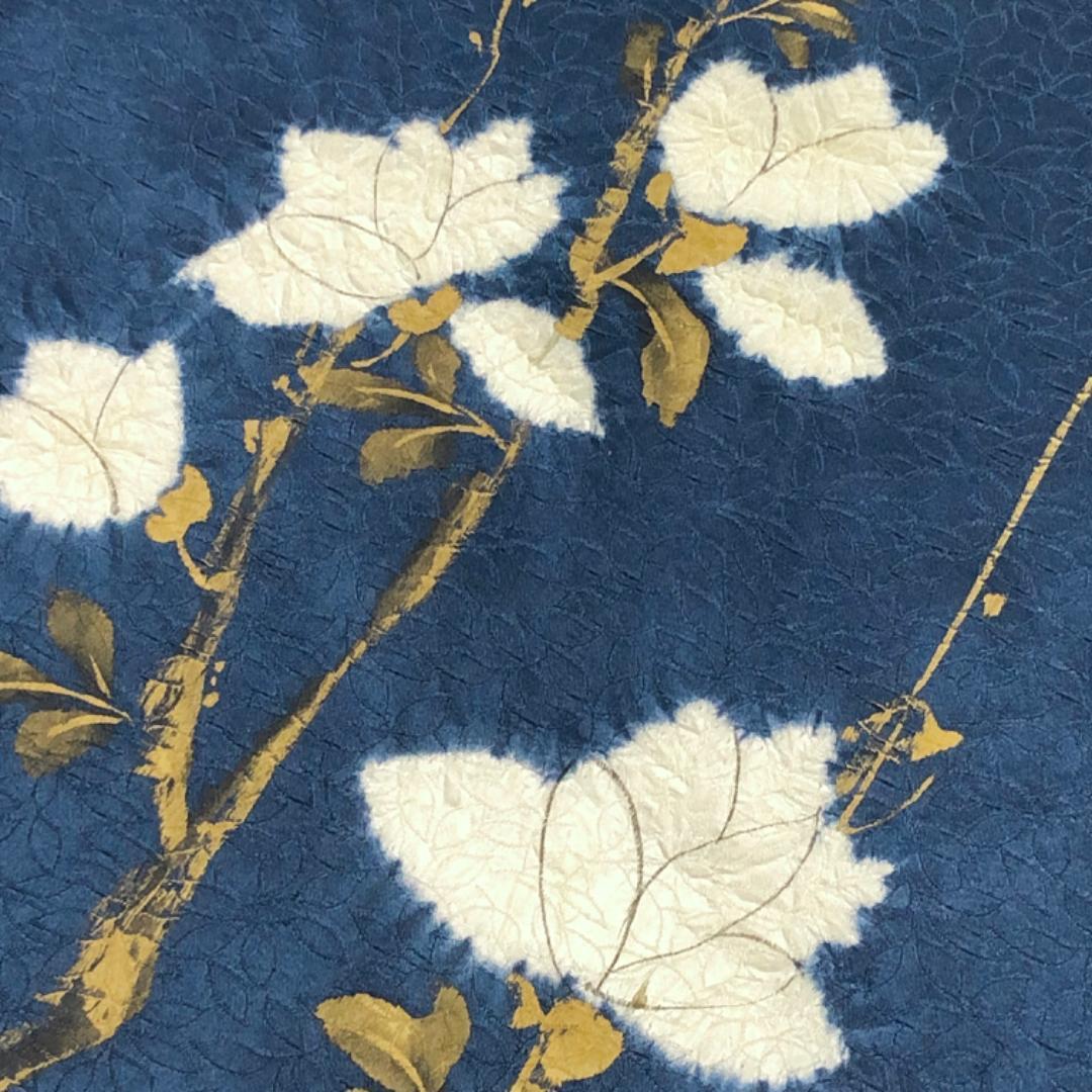 付下げ 白い花模様 絞り 手描き 伯林青色 しつけ糸 K-5046