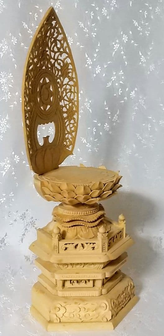 台座+光背 坐像用#544 背切 六角 宝相華唐草 透し彫 木彫 仏像付属品