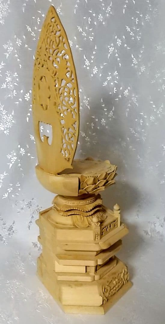 台座+光背 坐像用#544 背切 六角 宝相華唐草 透し彫 木彫 仏像付属品