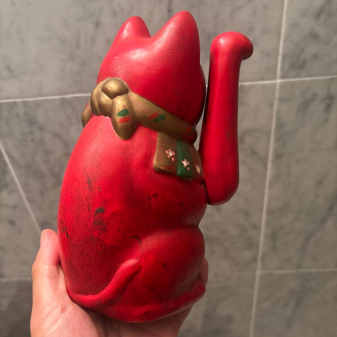 ヴィンテージ手書きの大きな瞳や長いヒゲか素敵な健康とお金を呼び込む招き猫