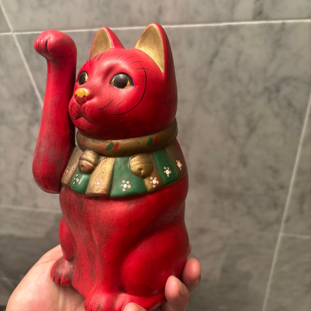 ヴィンテージ手書きの大きな瞳や長いヒゲか素敵な健康とお金を呼び込む招き猫