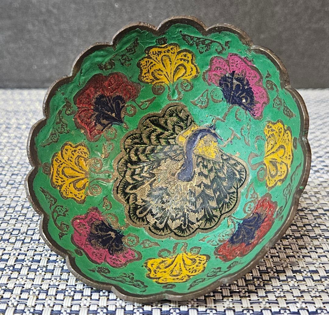 中国古美術　清朝 清代　古七宝　緑地彩色　孔雀に花図　盃　ぐい呑　酒杯　酒器