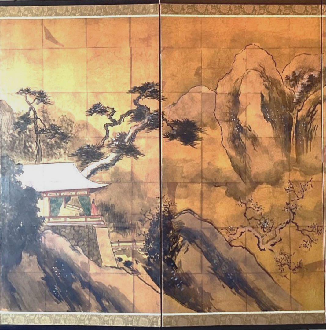 四つ折り屏風　日本画　金箔彩色　『雪見楼閣』