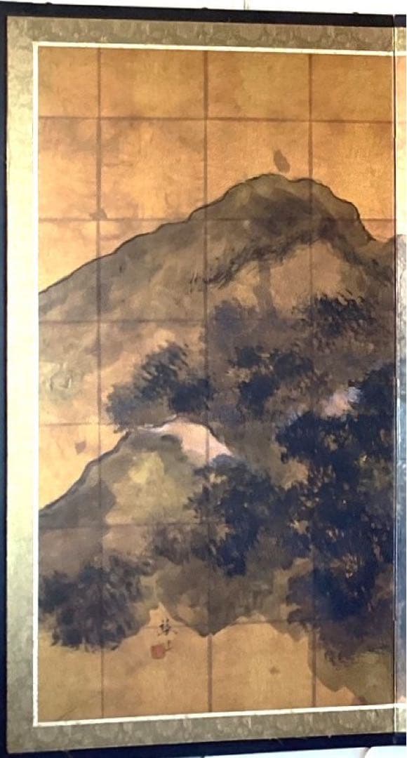 四つ折り屏風　日本画　金箔彩色　『雪見楼閣』