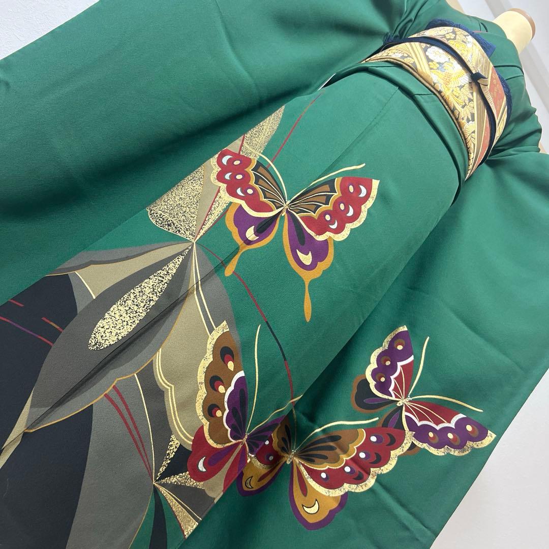 399 振袖フルセット 正絹 緑 グリーン 舞蝶 金彩 シンプル モダン ロング