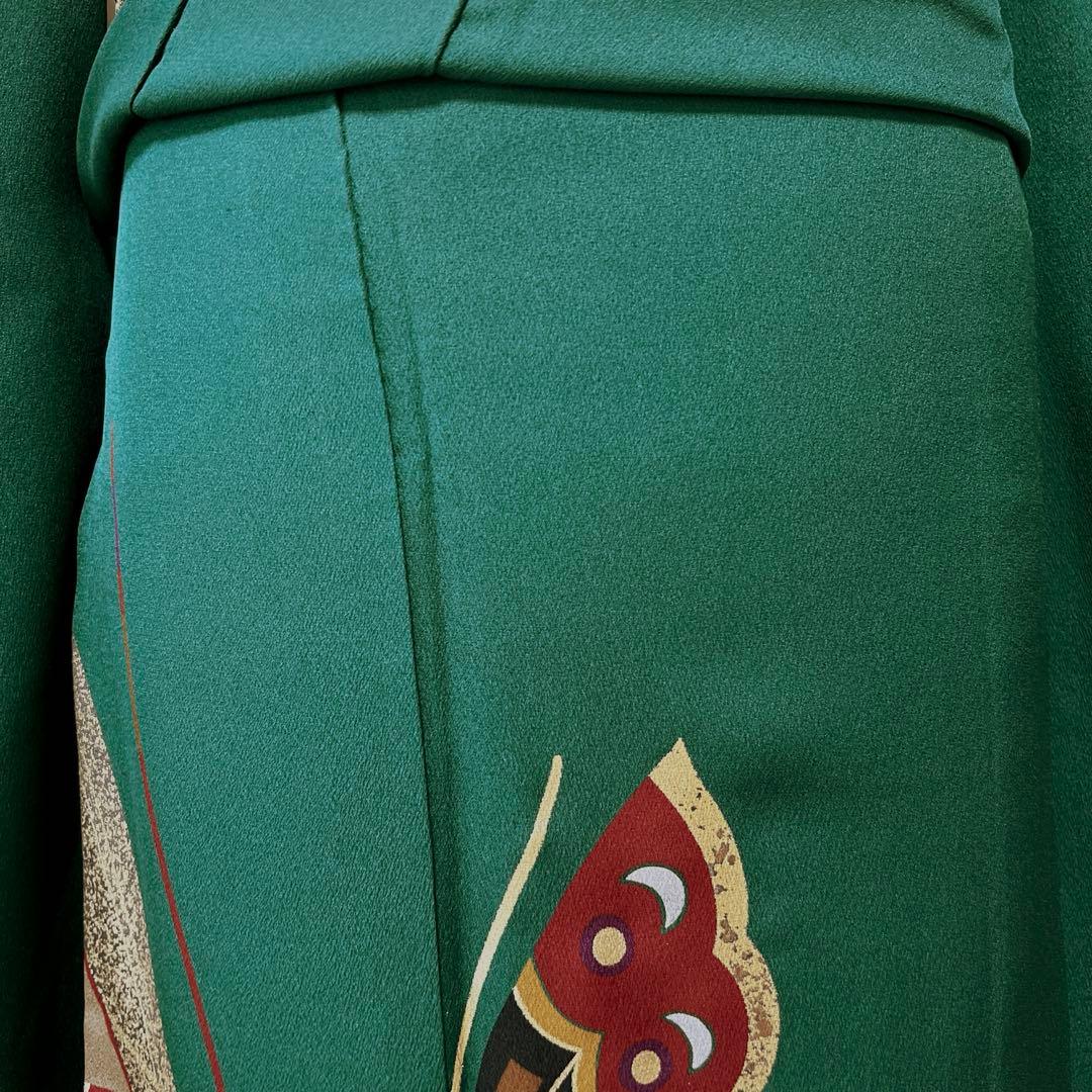 399 振袖フルセット 正絹 緑 グリーン 舞蝶 金彩 シンプル モダン ロング