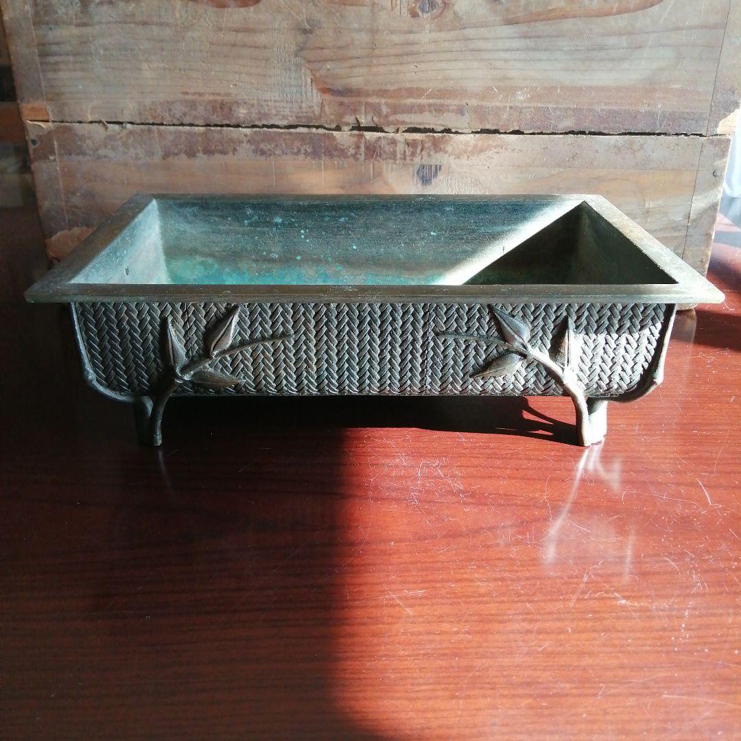 木村渡雲　古銅網代紋四足水盤　32cm　江戸後期