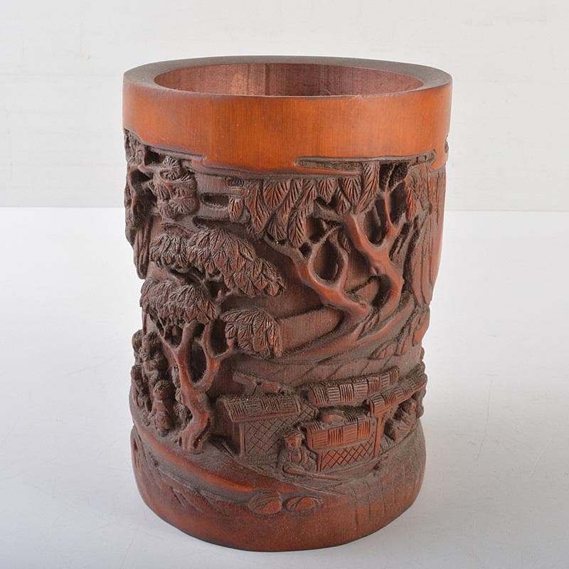 中国　乾隆御題　古竹彫刻　漢詩山水人物雕　筆筒　C　R7140E