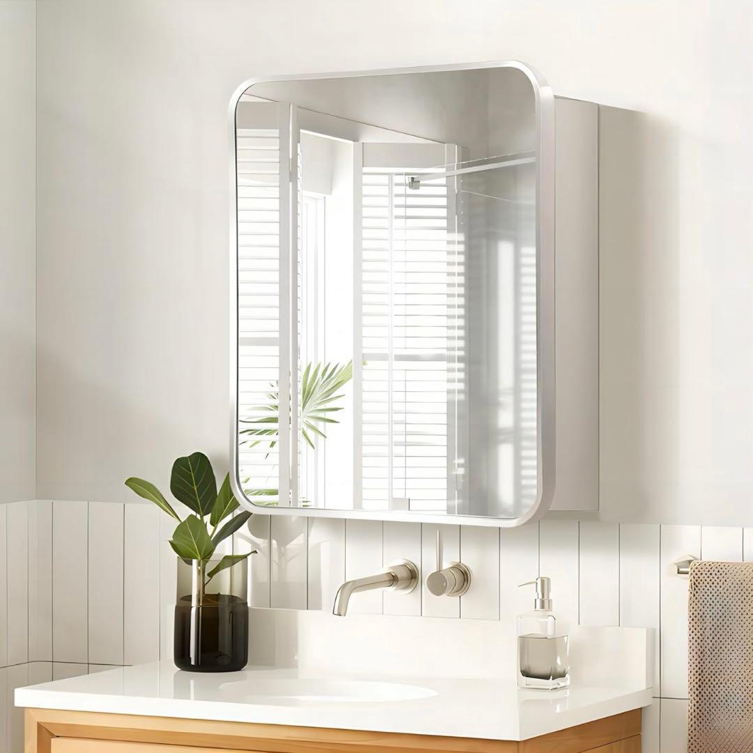 やっち様ミラー キャビネット 鏡 収納 50x60cm ホワイト×シルバー