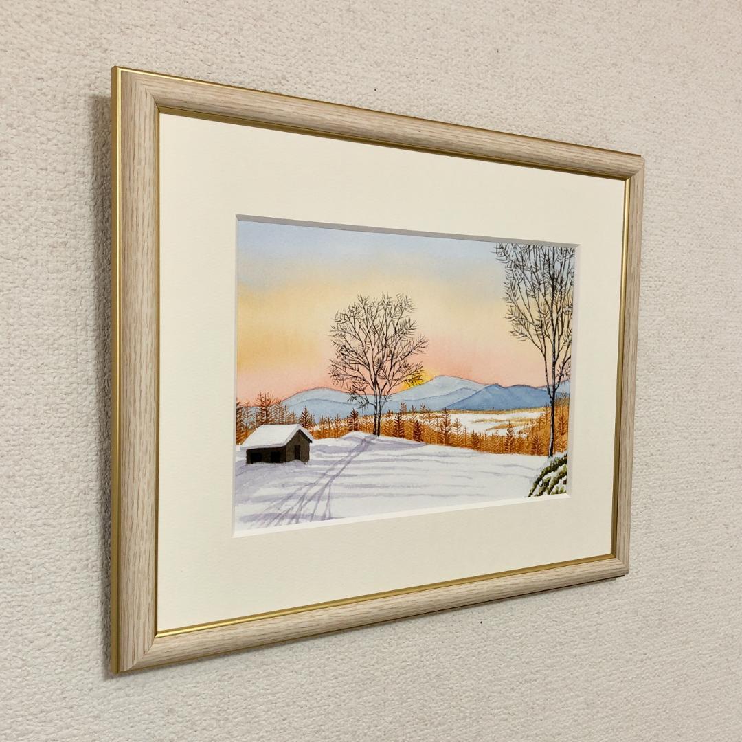 透明水彩画　原画　「雪景色・穏やかな朝」額縁付　SMサイズ　風景画