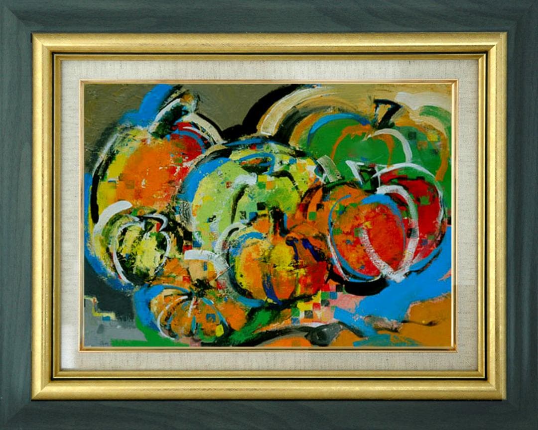 油絵 菅家令子インテリア 額付(青緑＋金色の枠) uF6-061303 かぼちゃ