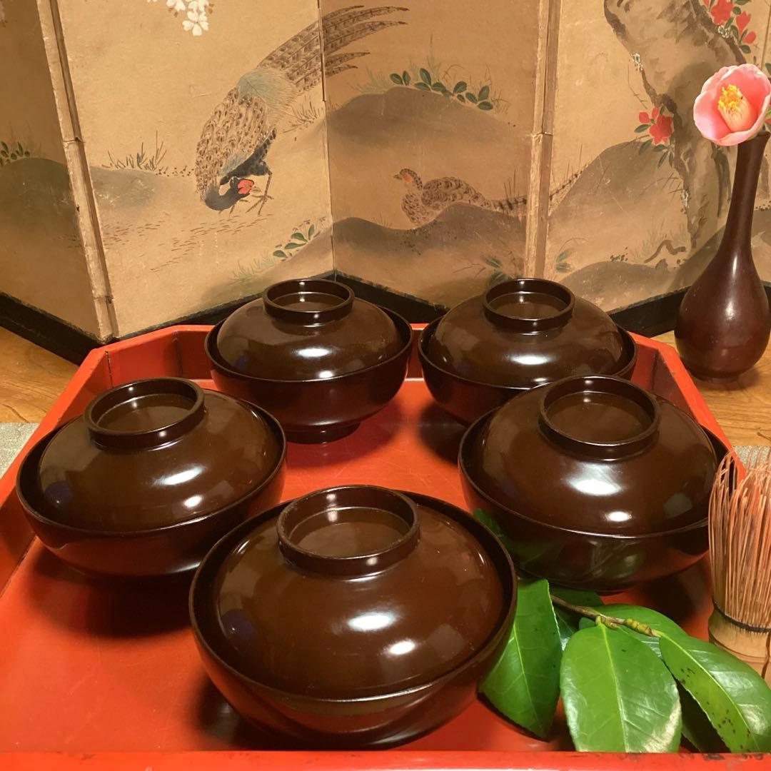 A914 木製輪島塗　潤み色　隠し絵蒔絵　閑古鳥蒔絵　鶏　5客