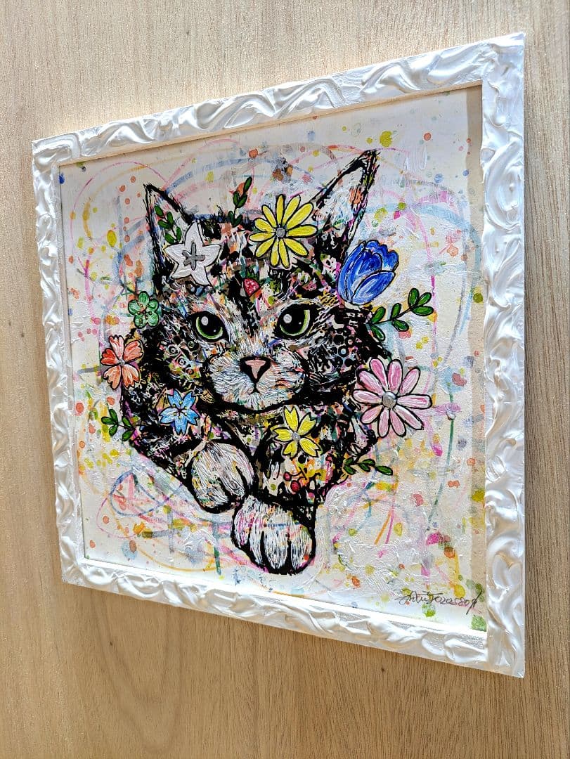 リクエスト！スイカ大サイズ✨手作り額付き作品「へい！お待ちニャンコ」