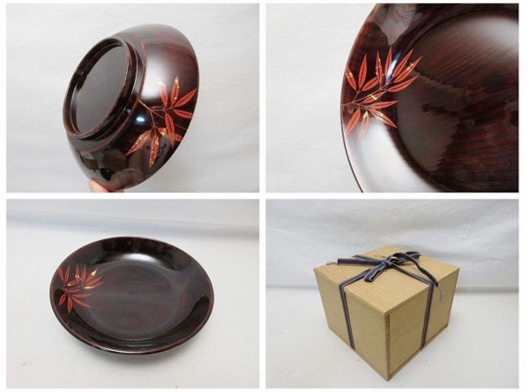 未使用 茶道具 服部俊夫造 松溜塗朱竹蒔絵 銘々皿 5客揃 底サイン 共箱