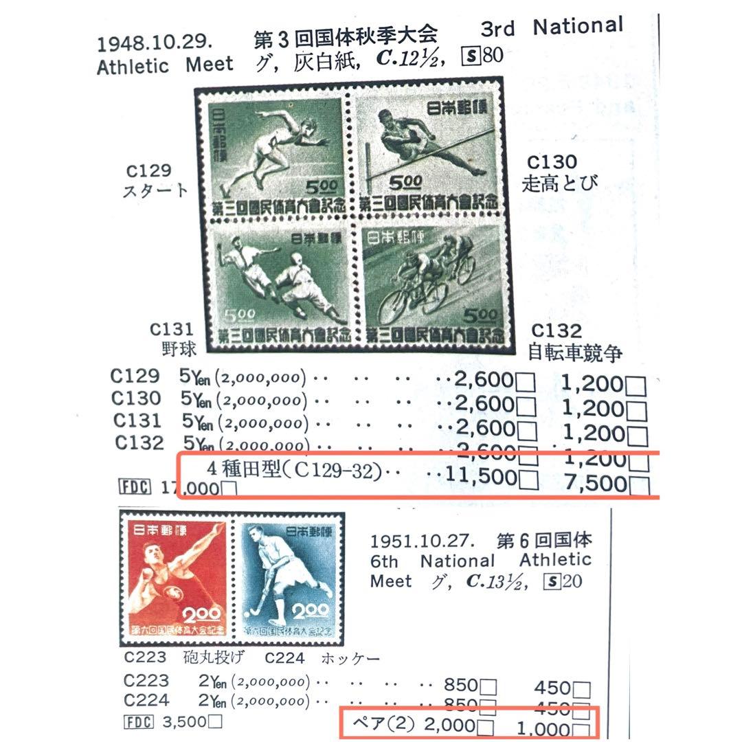 未使用 田型【国民体育大会第2〜6回】銭単位切手昭和22年〜26年