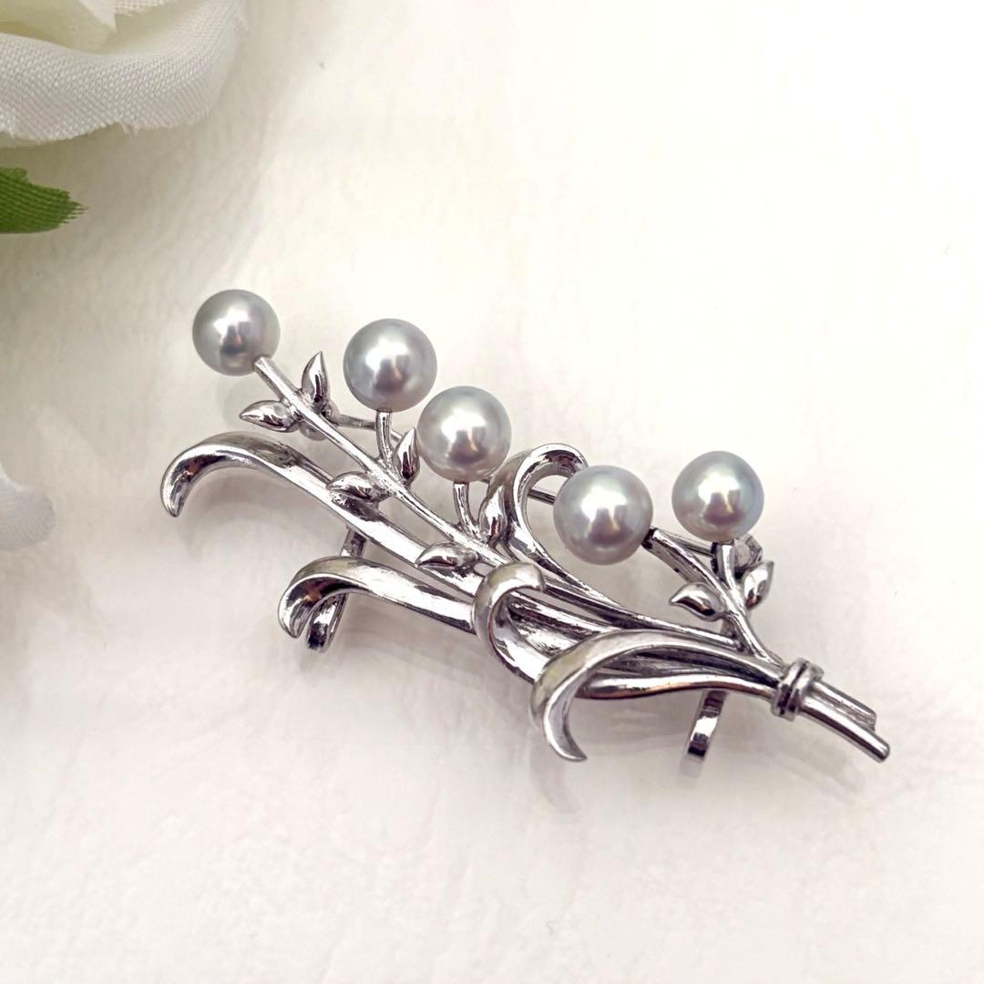 380【ミキモト】シルバー　パール　ブローチ　帯留め