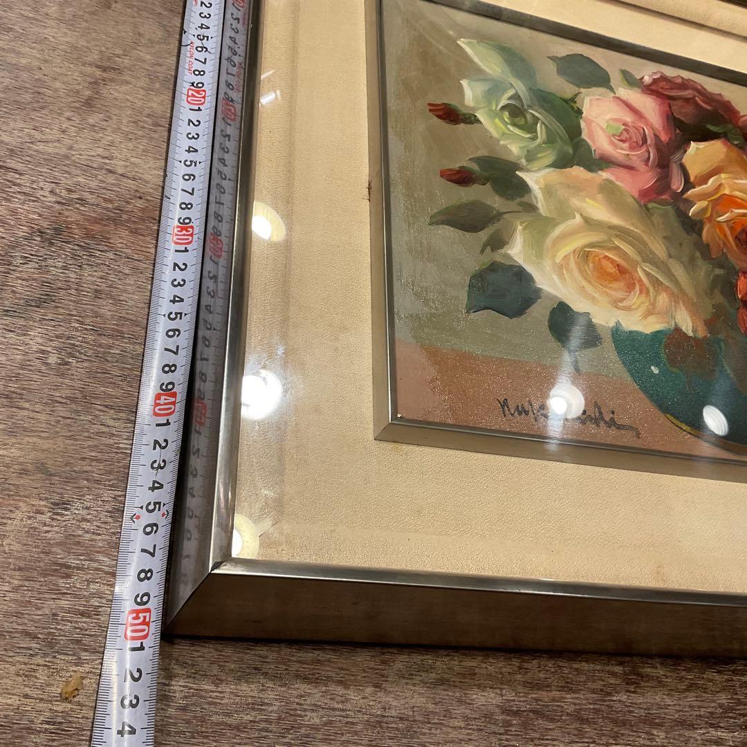 中西利雄 薔薇 油彩 薔薇 ばら バラ 古い油絵 キャンバス 額装品