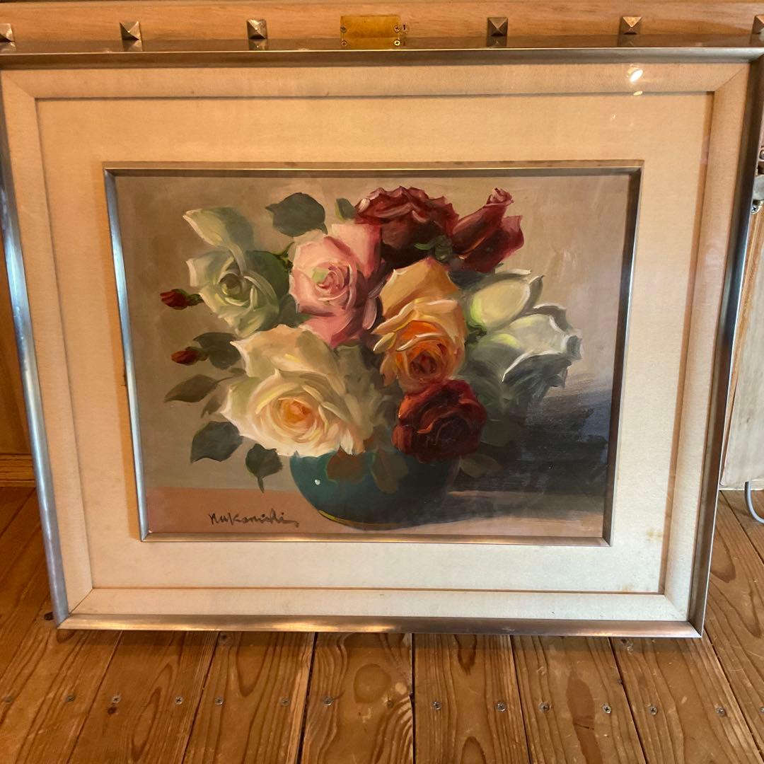 中西利雄 薔薇 油彩 薔薇 ばら バラ 古い油絵 キャンバス 額装品