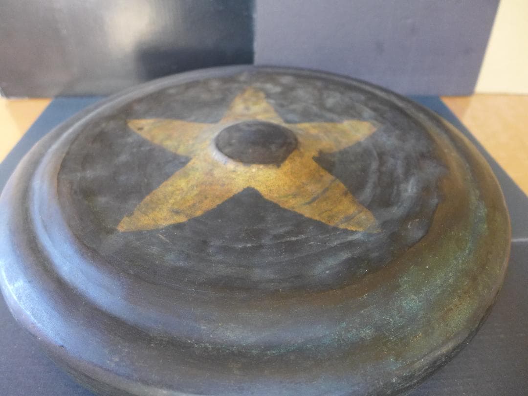 時代物　明治大正期頃？　大変古い銅鑼　度鑼 古銅　鍛金作り　桴付き 茶道　骨董