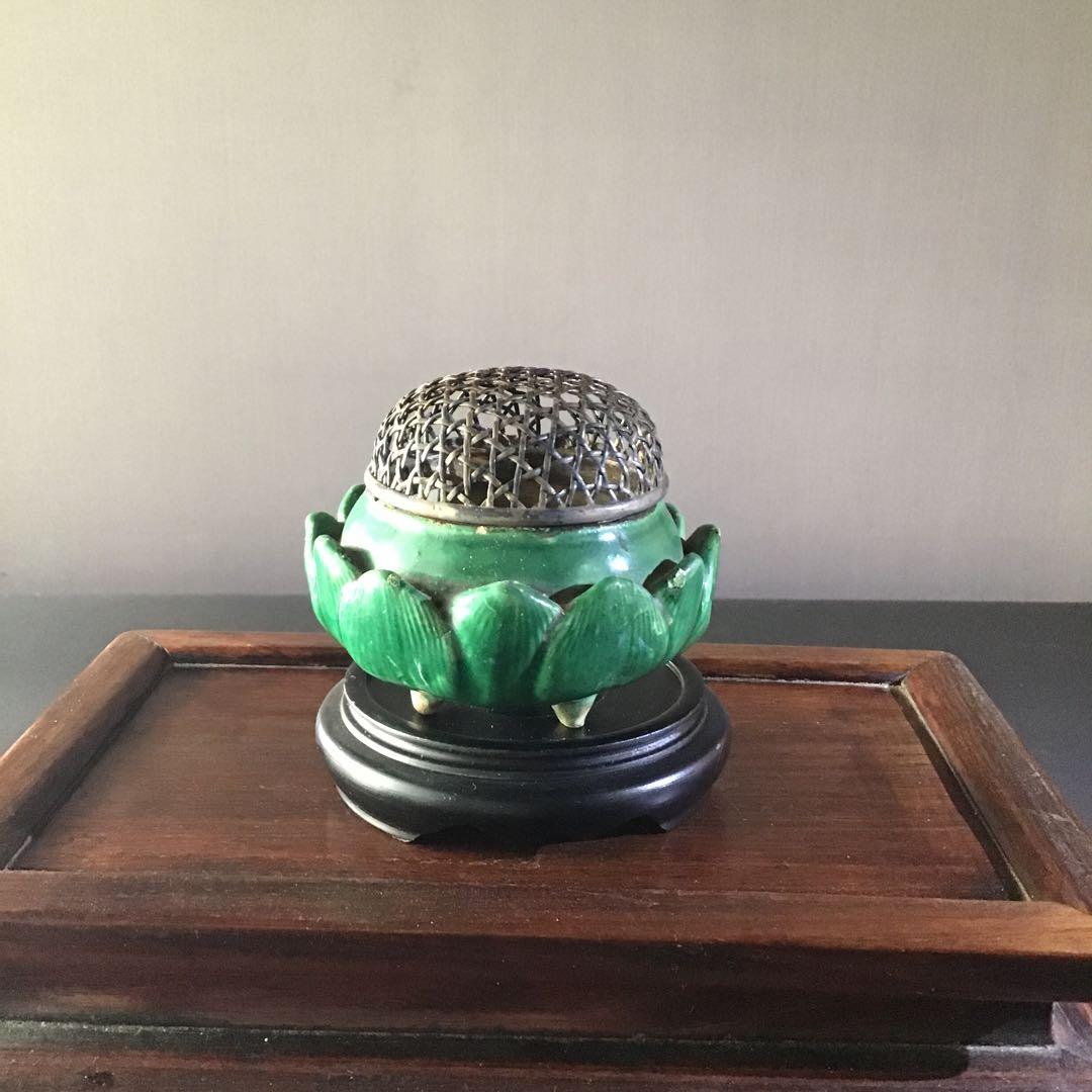 緑秞花弁　銀火屋　香炉　明朝期