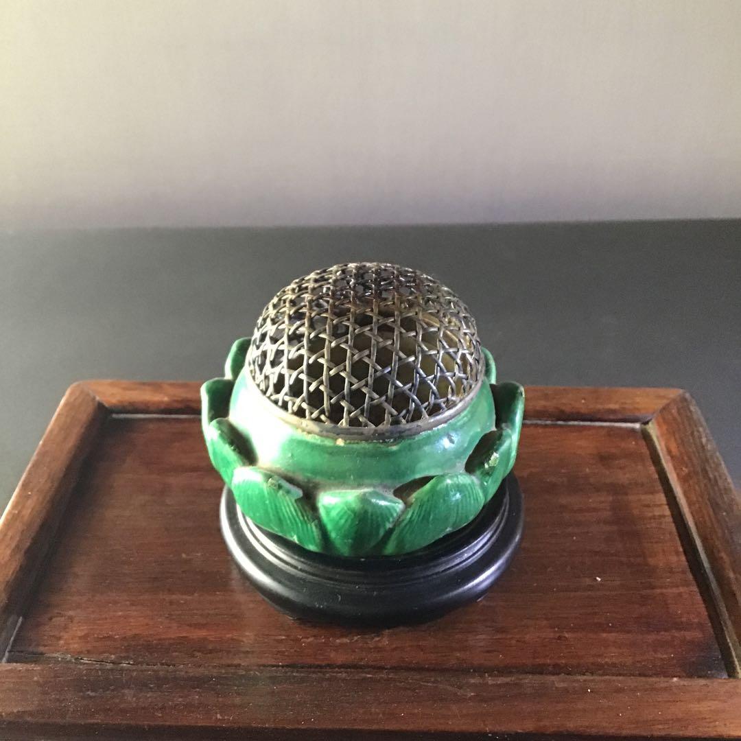 緑秞花弁　銀火屋　香炉　明朝期