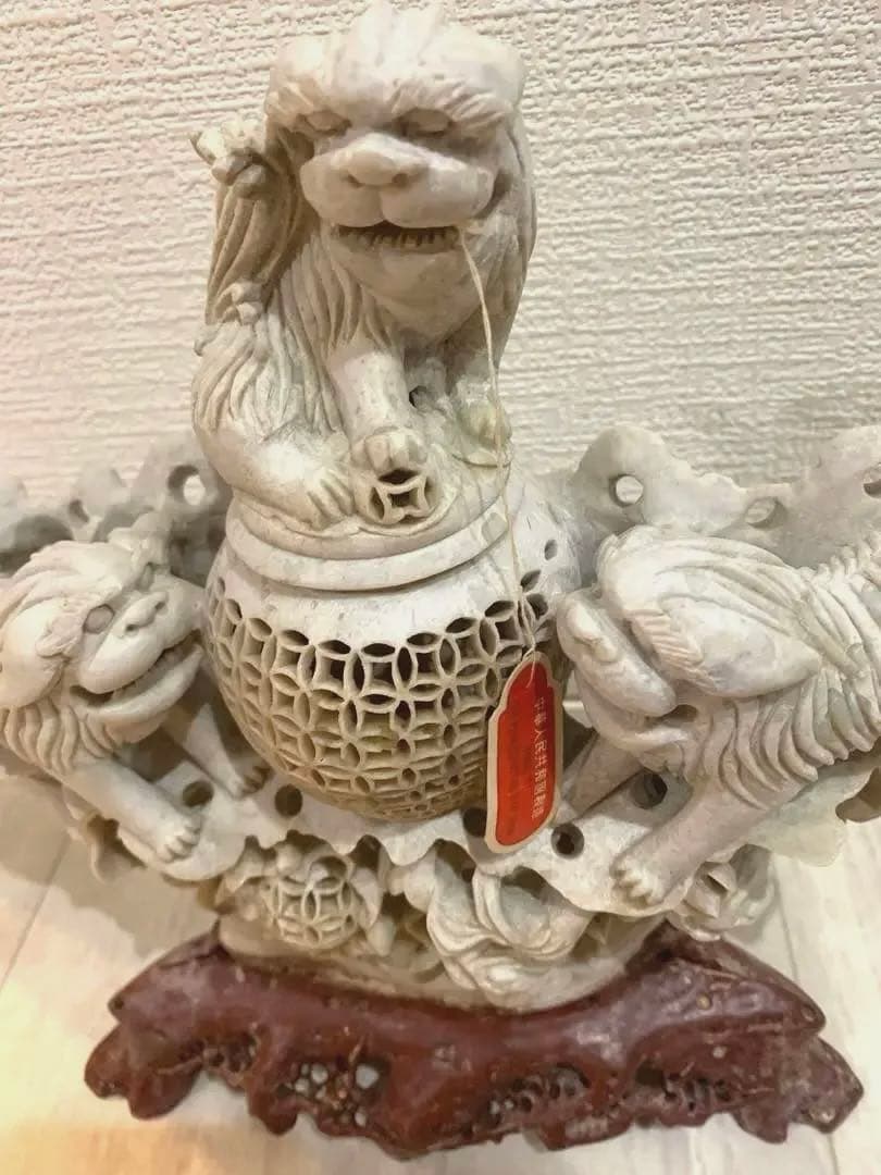 『中国』天然石 青田石 骨董彫刻 アンティーク 獅子鈕蓋爐 香炉 置物（1）