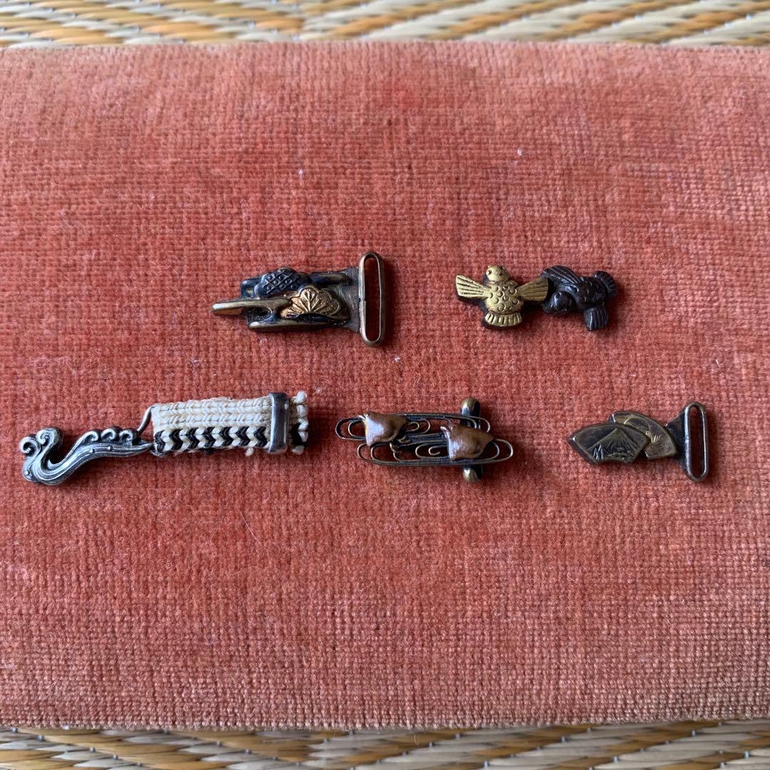 アンティーク 金工 帯留め 前金具 千鳥 ふくら雀 松 富士山 波