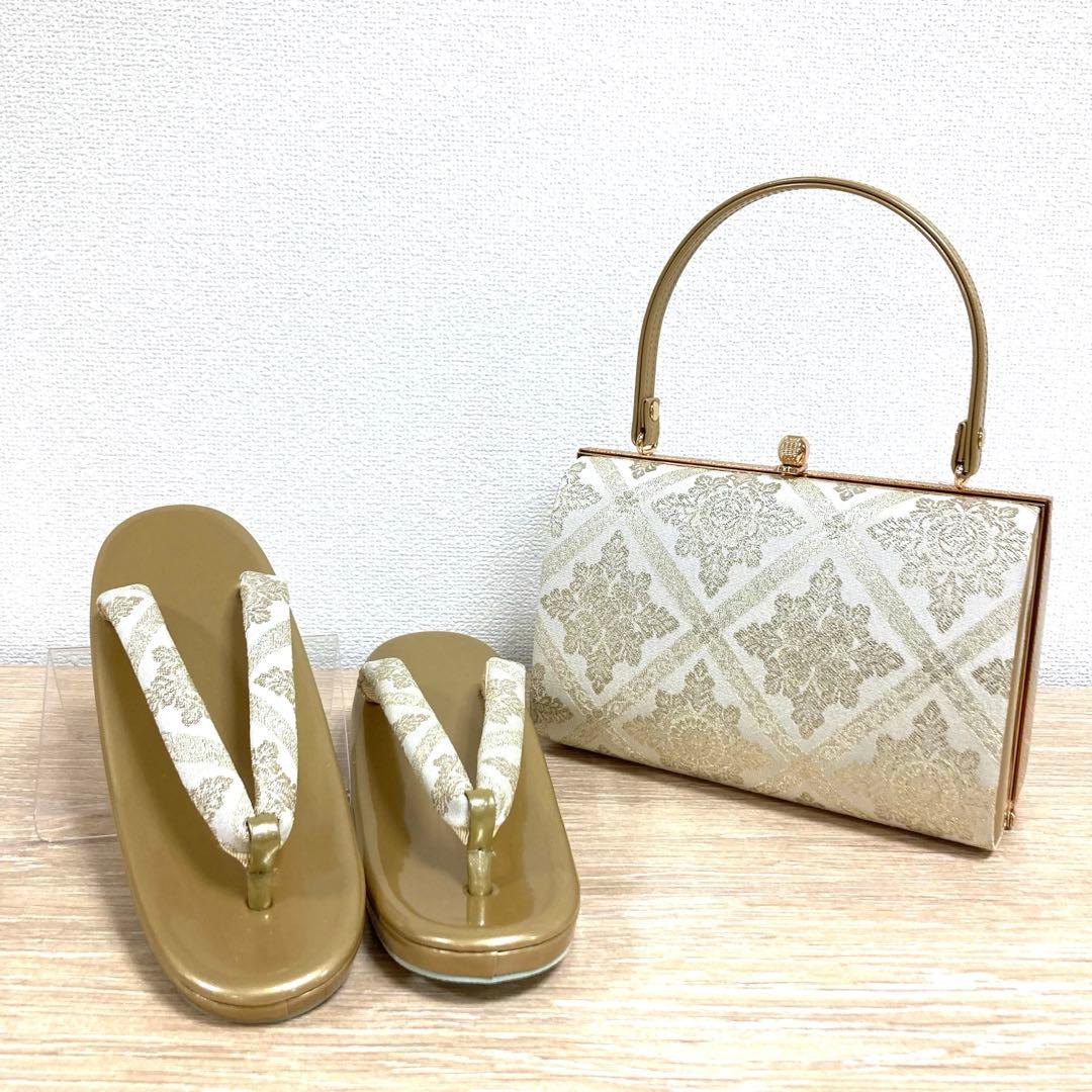 ☆新品未使用☆礼装用佐賀錦ゴールド系草履バッグセット　フリーサイズ　N56