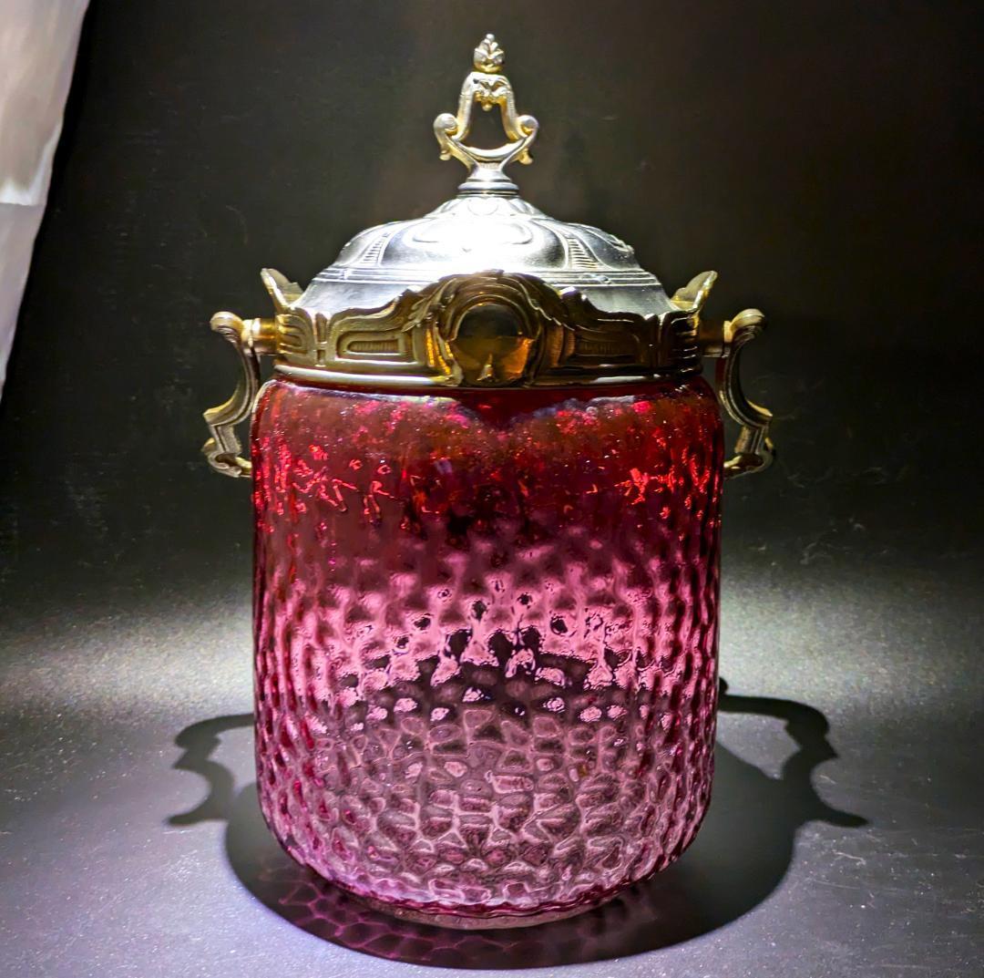 大型24㎝！仏アンティーク オルモル技法ガラス ルージュ クッキージャー