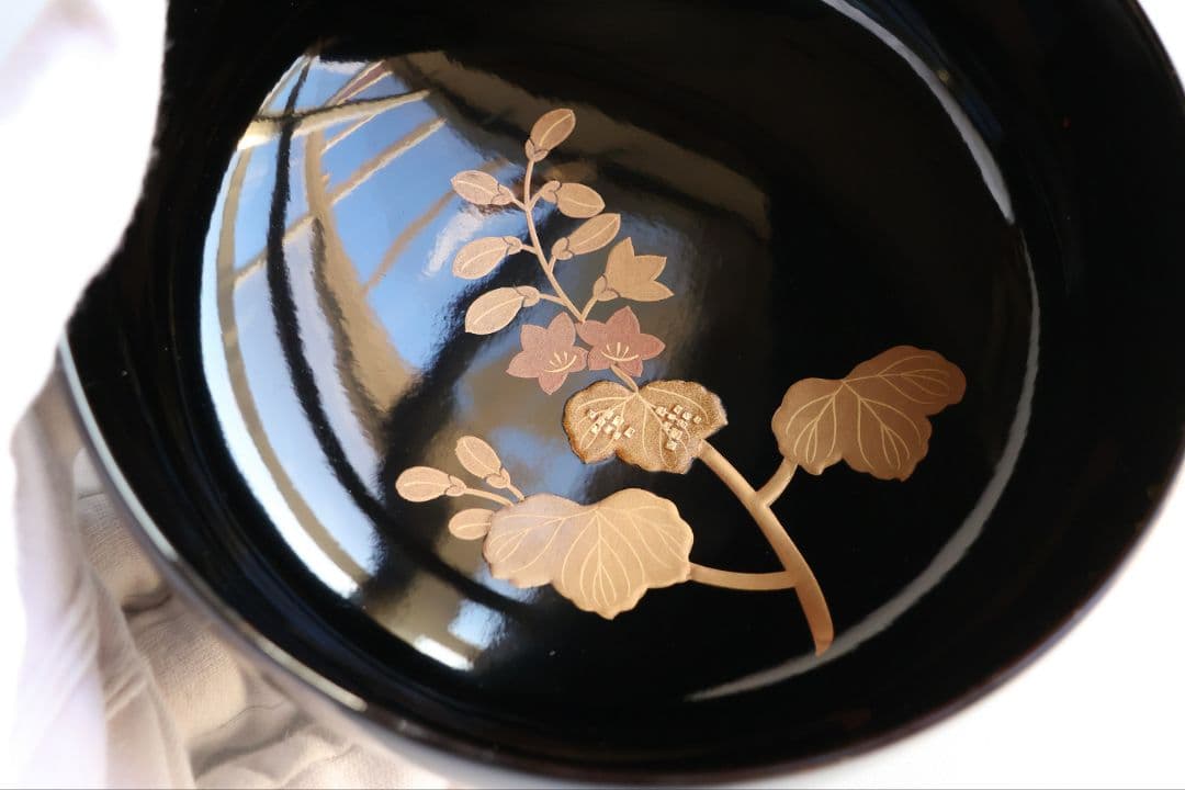 【CM399】天然木漆塗 菊桐鳳凰金蒔絵 黒塗 煮物椀 1客 昭和期 木製漆器