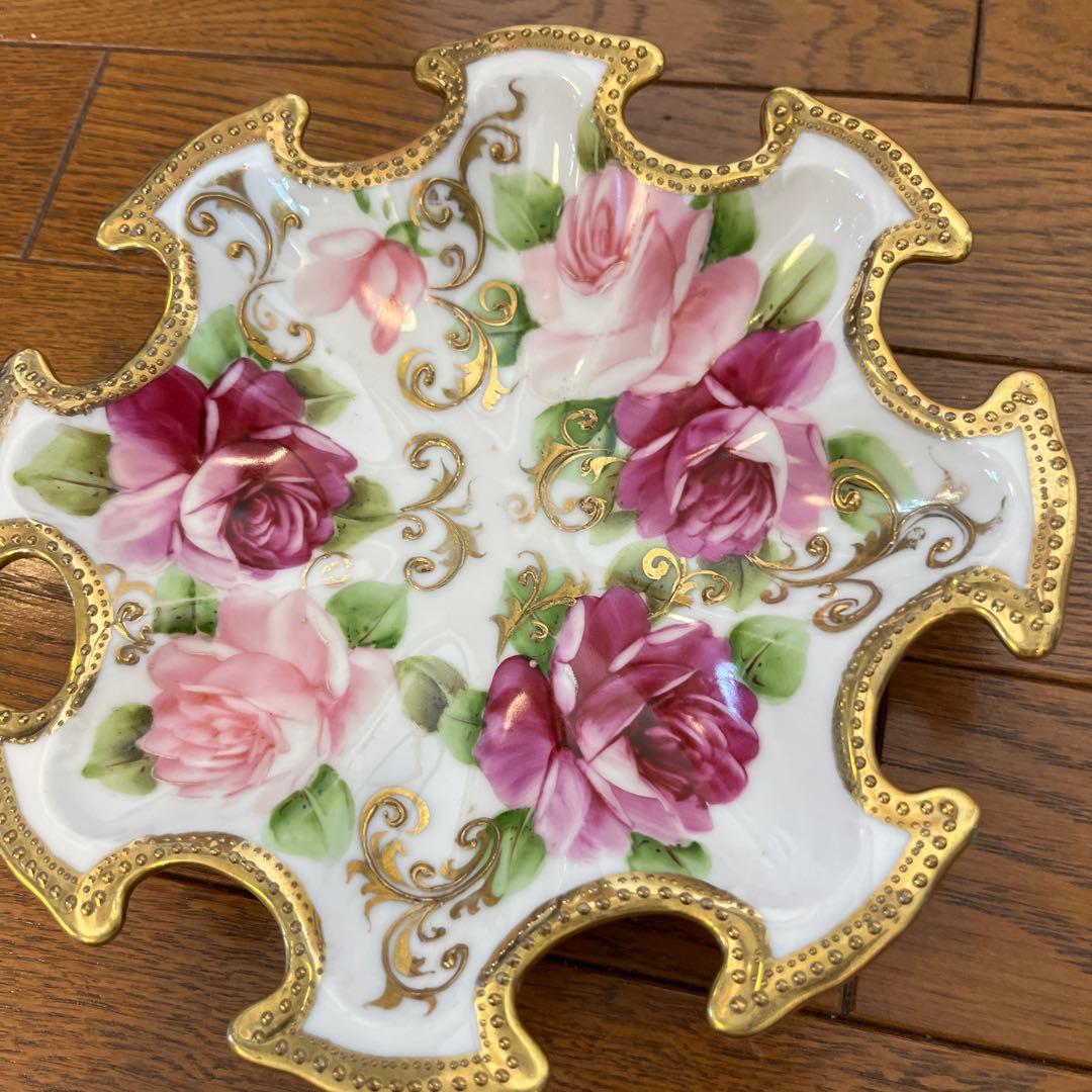 期間限定最終処分特価オールドノリタケメープル裏印変形ボール　金点盛り薔薇の絵の美