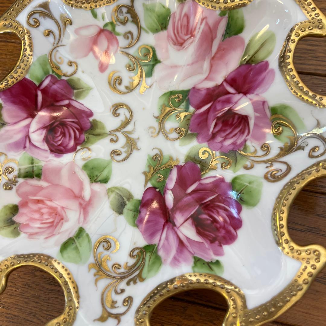 期間限定最終処分特価オールドノリタケメープル裏印変形ボール　金点盛り薔薇の絵の美