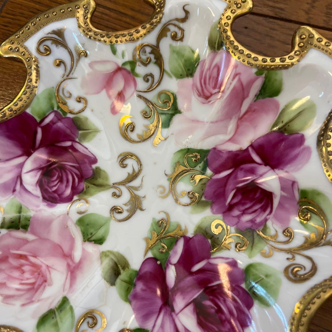 期間限定最終処分特価オールドノリタケメープル裏印変形ボール　金点盛り薔薇の絵の美