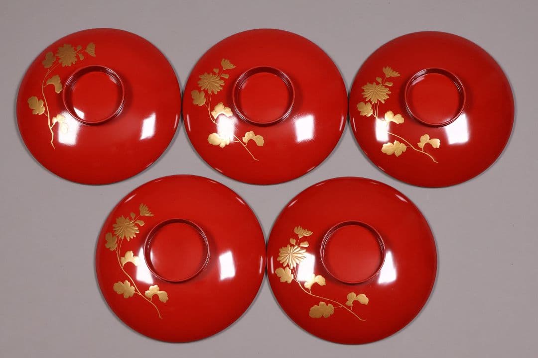 【CM244】時代木製漆器 桐鳳凰・菊 金蒔絵 朱塗 引盃 五客 木製漆器 小皿