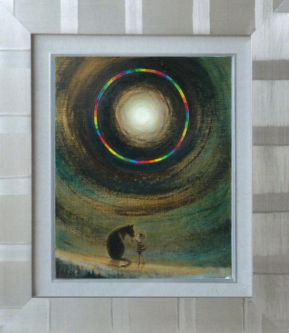 油絵 菅家令子 絵 絵画インテリア額付(銀) F3-051821祈り犬猫 女の子